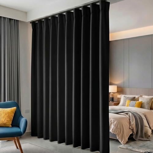 hoeflife Room Divider Curtains Blackout Floor to Ceiling Curtain with Hook Wall Mount Sliding Door Curtains Ceiling Mount Extra Wide Curtain Wall Divider for Room Separation (Black, W150 x H84 Inch) - color: Black, size: 150"W x 84"L (Pack of 1)