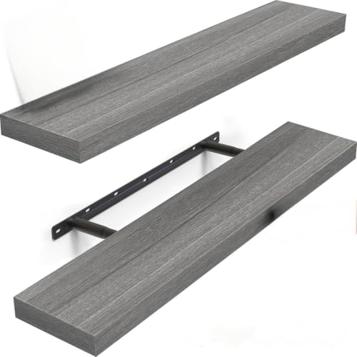 BAYKA Floating Shelves Black-Grey, Rustic Wood Wall Mounted Shelves for Bathroom, Bedroom, Living Room, Kitchen, Hanging Shelf for Storage Decor, 22.5 inches, Set of 2 - color: G. Black-grey - Industrial Edge Style, size: 22.5inches