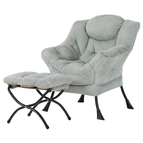 Lazy Chair with Ottoman, Comfy Reading Accent Chair, Plush Green | Foldable Footrest, Padded Seat and Backrest, Side Pocket for Lounging in Living Rooms, Bedrooms, Dorms and Small Spaces - color: Plush-green