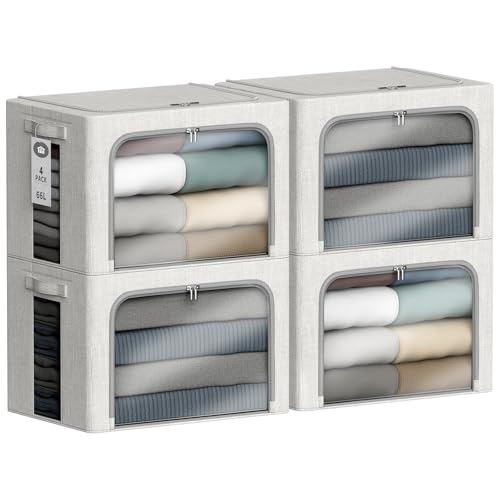 4 Pack Clothes Storage Bins with Metal Frame - 66L Stackable Storage Box with Lid，Foldable Storage Container Organizer for Clothes，Linen Fabric Storage Box with Clear Window＆Zippers＆Handles - color: Light Grey, size: 66L