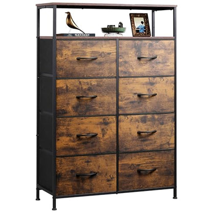 WLIVE Fabric Dresser for Bedroom with Open Shelves, Tall Dresser with 8 Drawers, Storage Tower with Fabric Bins, Chest of Drawers for Closet, Hallway, Rustic Brown Wood Grain Print | 8 fabric drawers plus open shelves, steel frame with wood top, great for
