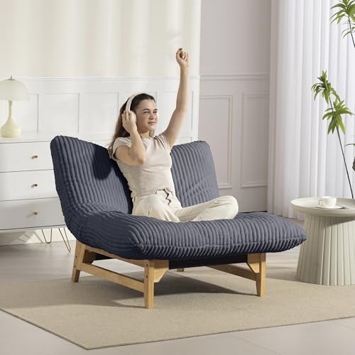 Modern Accent Chair for Living Room, Comfy Corduroy Chaise Lounge with Solid Wood Base, Oversized Single Sofa Reading Armchair with Thick Padded Cushion for Bedroom Small Spaces, Dark Grey