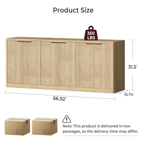 Evermagin 67" Fluted Oak Buffet Cabinet with Storage | Mid-century modern wood sideboard, large credenza with 6 doors for kitchen or living room, 67"W x 31.5"H x 15.7"D - color: Oak, size: 67 Inches