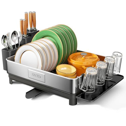 SNTD 304 Stainless Steel Dish Drying Rack for Small Kitchen Counter, Black | Rustproof, Large Capacity, Heavy-Duty Frame, Rotating Spout, Angled Drainboard, Removable Cup & Utensil Holder - color: Black