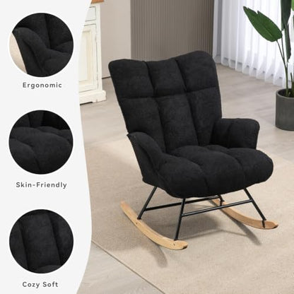Rocking Chair Nursery Teddy Upholstered Glider Rocker Rocking Accent Chair Padded Seat with High Backrest Armchair Comfy Side Chair for Living Room Bedroom Offices (Black Teddy) - color: Black