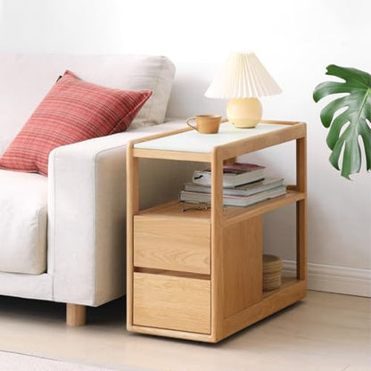 Solid Wood End Table with Storage Drawers, Narrow Side Table for Couch | 2 drawers, hidden wheels and slim design make this narrow side table perfect for couches, bedrooms and small spaces. - color: Natural