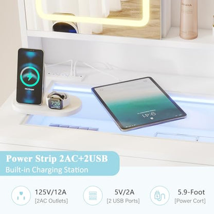 Hadulcet White Vanity Desk with Mirror and Lights, Makeup Vanity with Power Outlet & 10 Shelves, RGB LED Vanity with Drawers, 3 Modes Adjustable Brightness - color: White, size: 15.8"D x 42.9"W x 57.1"H