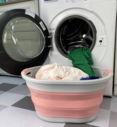 SAMMART Collapsible Plastic Oval Laundry Basket - Foldable Pop Up Storage Container/Organizer - Portable Washing Tub - Space Saving Hamper/Basket (Grey/Quartz Pink, 32L) - color: Grey/Quartz Pink, size: 32L