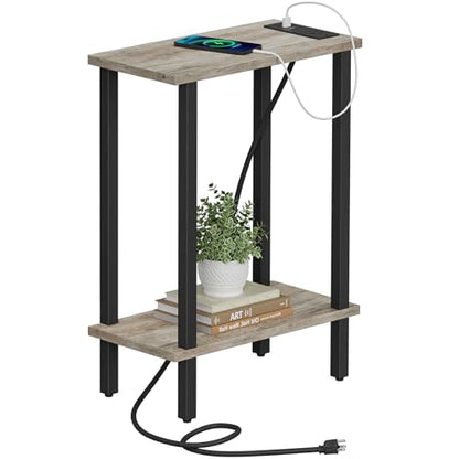 TUTOTAK Narrow Side Table, 2-Tier Small End Table with Charging Station | Skinny Sofa Table, Slim Nightstand, Easy Assembly for Living Room, Bedroom, Greige TB01BG060 - color: Greige, size: 2-tier