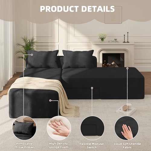 Boneless Sectional Couch, 4 in 1 Convertible Cloud Couch with Reversible Chaise & Deep Seat, Modular Sectional Sofa for Apartment, No Assembly Chenille Foam Couch in a Box, Black - color: Black, size: 89" Convertible Chaise Chenille