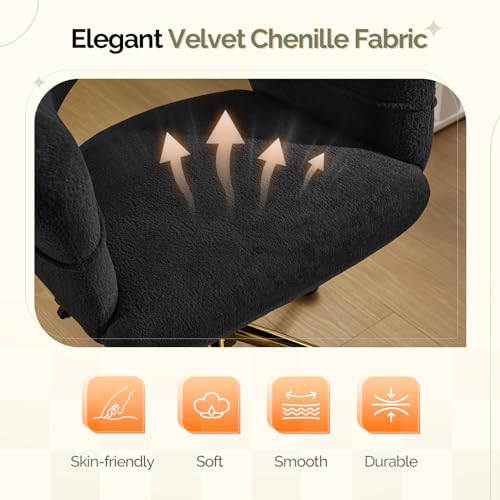 VINGLI Modern Curved Office & Vanity Desk Chair, Cute Upholstered Nail Chair with Wheels & 360° Swivel & Club & Tilting & Gold Base, for Bedroom, Living Room, Makeup, Velvet Chenille, Black - color: Black