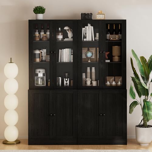 TUSY 71" TV Stand Storage Set - 2 Tall Bookcases & 2 Side Cabinets, Media Console with Glass & Wood Doors, Entertainment Center with Drawers, Tall Media Console for Living Room (Black, AFFA) - color: Black