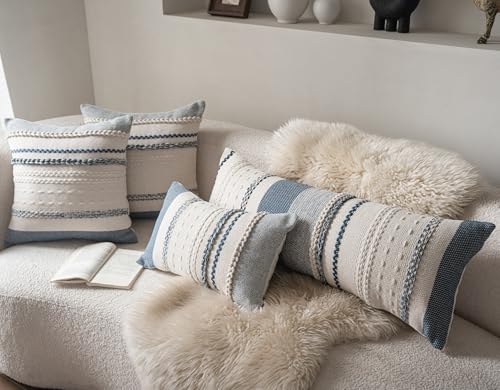 Cethom Boho Lumbar Pillow Covers 14x36 Inch Long, Blue Textured Decorative Couch Pillow Cases for Farmhouse Home Decor, Accent Cushion Cover for Sofa, Bed, Living Room, Bedroom, Pack of 1 - color: Blue, size: 36" x 14" (Pack of 1)