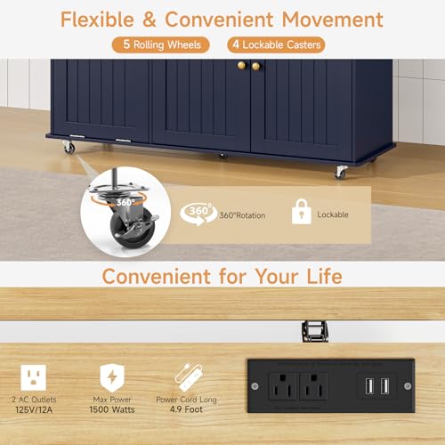 60" Kitchen Island with Power Outlet & Drop Leaf, Rolling Island with Spice Rack & Towel Rack, Kitchen Island Cart with Trash Storage Cabinet, Island Table for Kitchen, Blue - color: Blue
