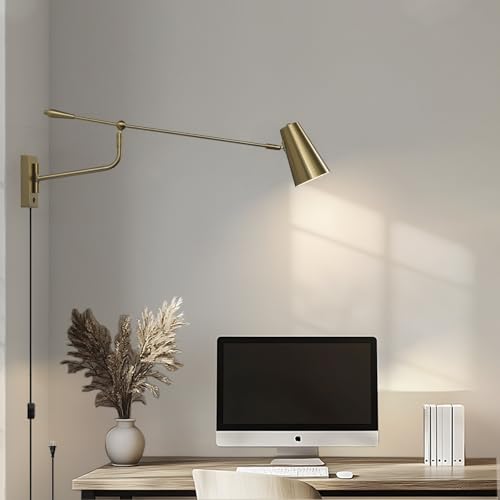 Adjustable Direction Swing Arm Wall Lamp, Gold, 33 Inch | Rotatable Activity, Dual Power Modes Plug-in/Hardwired, Indoor Large Wall Mounted, For Bedroom Living Room Dining Room - color: Dold