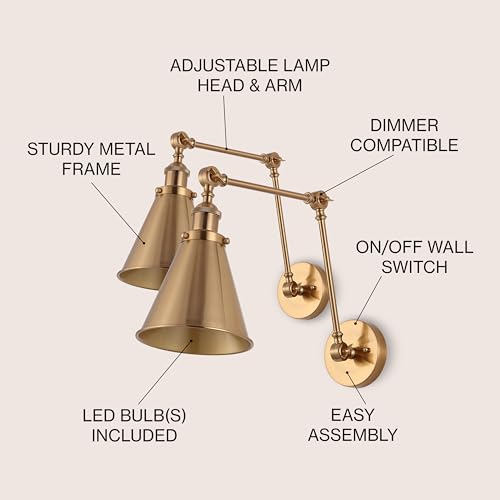 JONATHAN Y Rover 1-Light Wall Sconce 7", Brass Gold, Set of 2 | Adjustable Arm, Hardwired Bedside Reading Swing Arm, Farmhouse Cone Shade, Metal Hardwired Indoor Fixture, LED Bulbs Included - color: Brass Gold, size: Set of 2