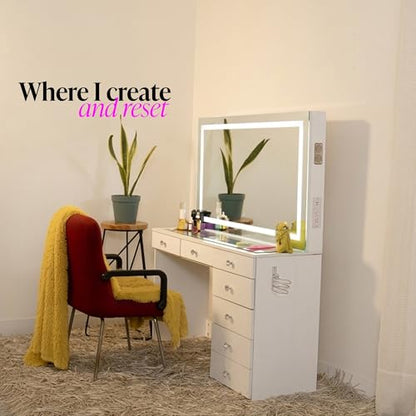 Boahaus Luna Vanity Desk with LED Lighted Mirror – 7 Drawer Integrated Makeup Station - color: White