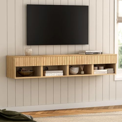 Fluted TV Stands Set of 4, Modern Small Floating Nightstand with Drawer and Open Storage Shelf Night Stand Wall Mounted Bedside Tables Natural Oak - color: Natural Oak, size: 4 PCS