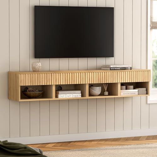 Fluted TV Stands Set of 4, Modern Small Floating Nightstand with Drawer and Open Storage Shelf Night Stand Wall Mounted Bedside Tables Natural Oak - color: Natural Oak, size: 4 PCS