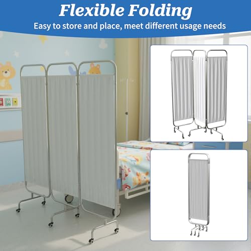 3-Panel Medical Privacy Screen on Wheels, Portable Medical Screen | Indoor Room Privacy Screen Divider, Stainless Steel Contruction, Folds Easy for Storage - size: 3-Panel
