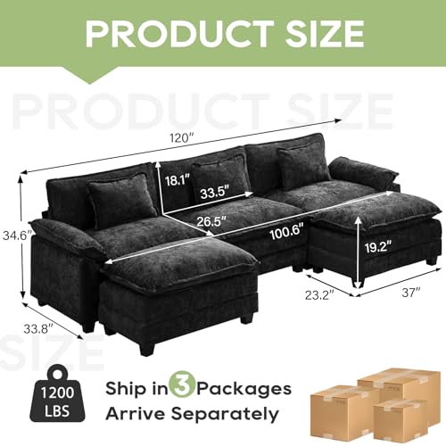 120" Modular Sectional Sofa, Comfy Deep Cloud Couch with Ottoman | U-Shaped Couches for Living Room, Modular Couch, Deep and Wide Seat, Chenille Sofa Sleeper with Throw Pillows, Black - color: Black, size: 120 Inch U