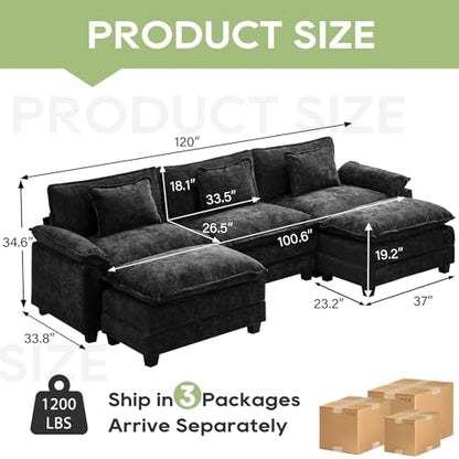 120" Modular Sectional Sofa, Comfy Deep Cloud Couch with Ottoman | U-Shaped Couches for Living Room, Modular Couch, Deep and Wide Seat, Chenille Sofa Sleeper with Throw Pillows, Black - color: Black, size: 120 Inch U