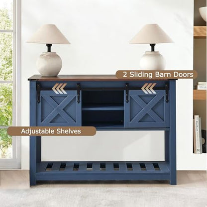 Farmhouse Entryway Table with Sliding Barn Doors, Wood Console Table with Storage Shelf, Rustic Sofa Table for Living Room, Entryway, Foyer, Blue - color: Blue