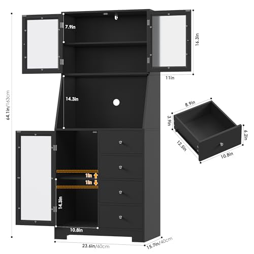 64'' Kitchen Pantry Storage Cabinet, Tall Kitchen Storage Cabinet with Microwave Stand, Hutch Cabinet with Adjustable Shelves, for Dining Room, Black | Save Space, Frosted Glass Door, Hutch Cabinet with Adjustable Shelves, for Dining Room (Black) - color:
