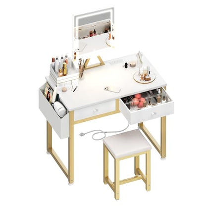 Lufeiya Small Makeup Vanity Desk with Mirror and Light, 32 inch White Vanity Desks Sets with Fabric Drawers for Girls Teen, Dressing Table and Chair Set with Power Outlet for Bedroom, White Gold - style: White Gold