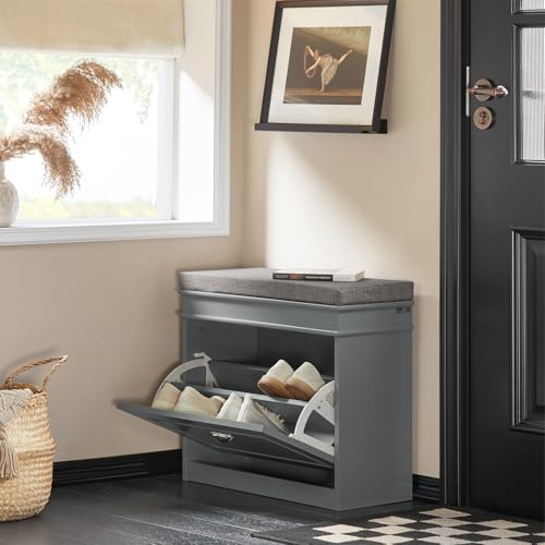 Haotian Grey Hallway Shoe Bench, Narrow Shoe Rack with Adjustable Shelf, Small Shoe Cabinet with 1 Flip-Drawer and Seat Cushion, FSR82-K-HG - color: Grey, size: 1 Drawer:24x9.4x20"