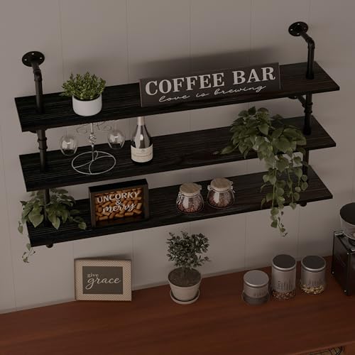HDDFER Industrial Pipe Shelving Rustic Black Wall Shelves with Wood Planks Industrial Floating Shelves 48 Inch 3 Tier Farmhouse Bookshelf Pipe Shelves Wall Mounted,Open Shelving For living room/office - color: Black, size: 3Tier48in