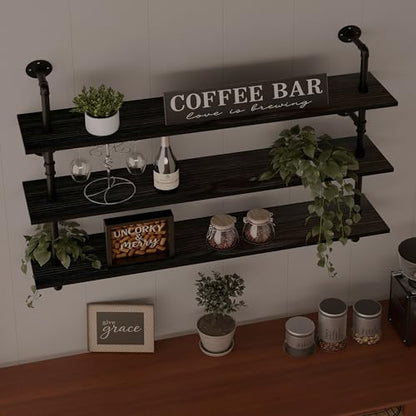 HDDFER Industrial Pipe Shelving Rustic Black Wall Shelves with Wood Planks Industrial Floating Shelves 48 Inch 3 Tier Farmhouse Bookshelf Pipe Shelves Wall Mounted,Open Shelving For living room/office - color: Black, size: 3Tier48in