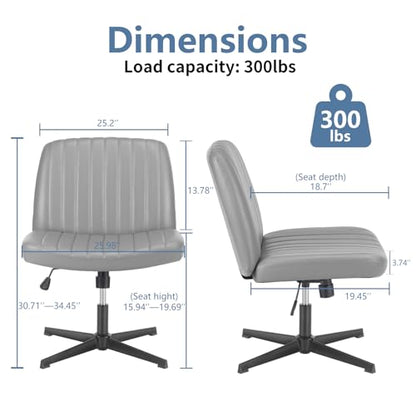 DUMOS Criss Cross Chair No Wheels, Wide Seat Cross Legged Office Desk Vanity Chair, Faux Leather Armless Height Adjustable Swivel Task Computer Chairs for Home, Study, Grey PU - color: Grey Pu