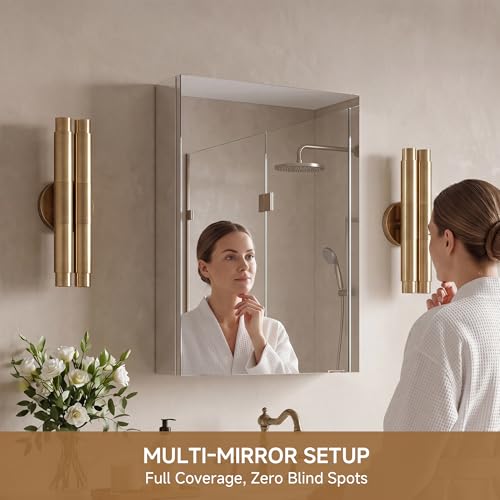 16" x 24" Bathroom Medicine Cabinet with Mirror, Recessed or Wall Mount | Medicine Cabinets with Adjustable Glass Shelves, Soft-Closed Hinge, Chrome Aluminum Frame, Reverse Installation - size: 16" x 24"