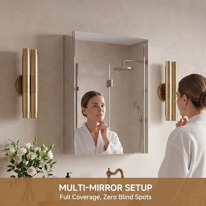 16" x 24" Bathroom Medicine Cabinet with Mirror, Recessed or Wall Mount | Medicine Cabinets with Adjustable Glass Shelves, Soft-Closed Hinge, Chrome Aluminum Frame, Reverse Installation - size: 16" x 24"