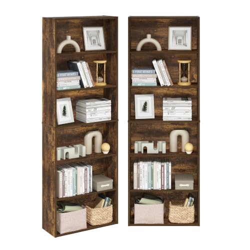 Furinno Jaya Book Shelf Set of 2, 6-Tier Bookshelf, Bookcase, 9.5 x 24.6 x 71, for Home Office, Living Room, Amber Pine - color: Amber Pine, size: Set of 2, 6-Tier