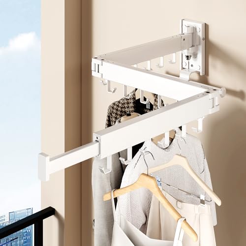 Wall Mounted Collapsible Clothes Drying Rack, Space-Saving Laundry Drying Rack Clothing Hanger, Durable Foldable Design Extends Left, Right & Up for Upgraded Versatility - style: Upgrde-White Hooks