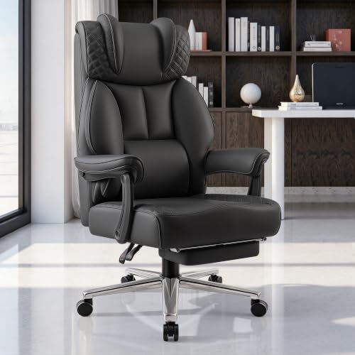 BestGlory Office Desk Chair, Big and Tall Leather Gaming Chair with Footrest, Ergonomic Comfy Executive High-Back Reclining Computer Chairs, Wide Swivel Rolling Wheels and Padded Lumbar Support, Black - color: Black 2.0, style: Freely Reclining