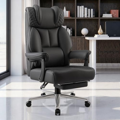 BestGlory Office Desk Chair, Big and Tall Leather Gaming Chair with Footrest, Ergonomic Comfy Executive High-Back Reclining Computer Chairs, Wide Swivel Rolling Wheels and Padded Lumbar Support, Black - color: Black 2.0, style: Freely Reclining