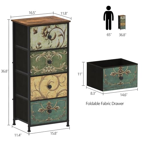 Small Dresser for Bedroom with Retro Flower Narrow Drawers Slim Chest of Drawers Skinny Nightstand Sofa End Table for Living Room Entryway Closet Storage (Multi, 4 Drawers) - size: 11.8"D x 16.5"W x 36.8"H (4 Drawers)