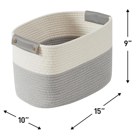 3 Pack Woven Cotton Rope Storage Basket, 15x10x9, White/Gray | Faux Leather Handles; Decorative Closet Shelf Organizer; Ideal for Storage & Organization - color: White/Gray