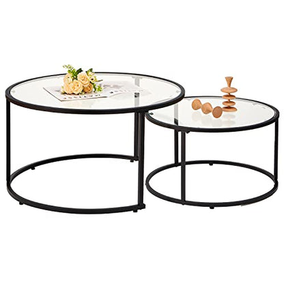 Modern Nesting Glass Coffee Table Set of 2, Round Tempered Glass Coffee Table for Living Room & Bedroom, Space-Saving Design with Adjustable Feet (Large Size + Black Frame) - color: Large Size + Black Frame