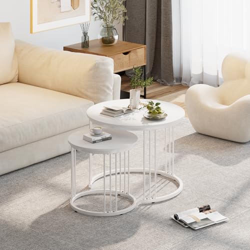 Nesting Coffee Table, 23.6" Round Coffee Table Set of 2, Wooden Nesting Table with Metal Frame, Ceter Tables for Living Room Bedroom Balcony, White - color: White
