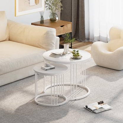 Nesting Coffee Table, 23.6" Round Coffee Table Set of 2, Wooden Nesting Table with Metal Frame, Ceter Tables for Living Room Bedroom Balcony, White - color: White