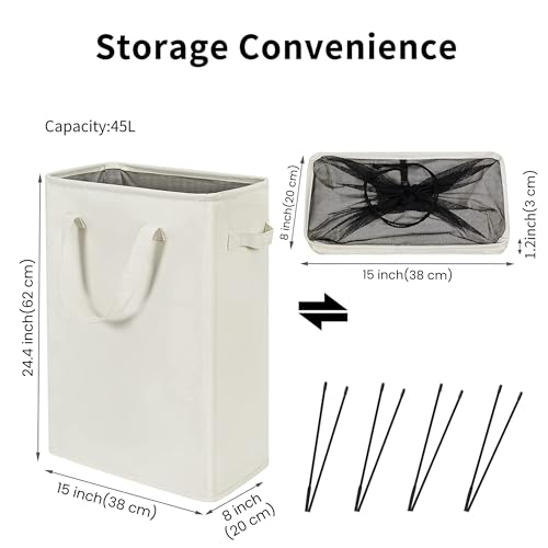 Narrow Laundry Hamper, Skinny Laundry Basket, 45L Beige, 24" | Slim Laundry hamper for Small Spaces laundry bag with handle, Foldable clothes hampers for laundry basket organizer - color: Beige