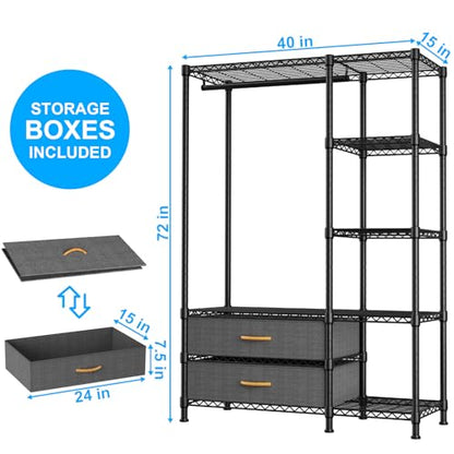 F3 Heavy Duty Clothes Rack（With Fabric Drawers）Freestanding Clothing Racks for Hanging Clothes，Adjustable Closet Organizer System，Portable Garment Rack 40" W x 15" D x 72" H，Max Load 700LBS，Black - color: Black, style: Freestanding