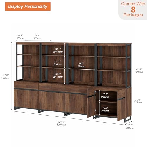 WAMPAT 4 PCS Modern 72" Tall Bookshelf with Metal Base and Adjustable Shelves, Library Bookcase with Storage Cabinet and Open Book Shelfs, Wood Bookshelves for Home Office, Living Room, Brown - color: Brown-a, size: 4 PCS