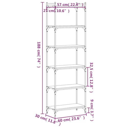 Black Industrial Bookcase, Tall 74-Inch Bookshelf with 6-Tier Adjustable Shelves, Durable Engineered Wood & Metal for Living Room, Office, Study - color: Black/74", size: 23.6"