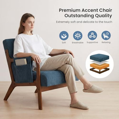 DUMOS Mid Century Modern Accent Chair, 17'' Seat Height with Side Pocket | Upholstered Small Side Chair with Waist Cushion and Wood Frame for Living Room, Bedroom, Reading Nook, Navy Blue - color: Navy Blue, size: Set of 1