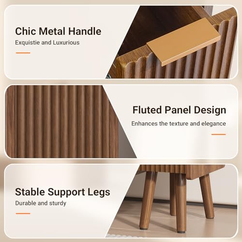 7.9" Narrow Fluted Nightstand Set of 2, 20.6" H Small Side Table, Walnut | Compact Design for Small Spaces, 2 Drawers, Wood Grain Finish, Perfect as Bedside Table, End Table or Small Bedrooms - color: Walnut-2 Pcs